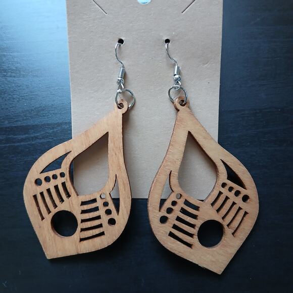 Laser cut wood dangle earrings 3.5" L x 3" W fish hook lightweight teardrop boho - Picture 2 of 8